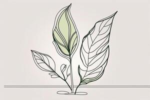 une continu ligne de une Facile illustration de une vert feuille de une plante. génératif ai. abstrait modèle de moderne botanique conception pour minimaliste couvertures, impressions sur tee-shirts, cartes postales, bannières. photo