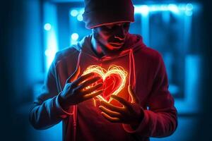 une homme couvertures le sien mains avec le sien cœur illuminé dans rouge. la prévention de cardiovasculaire maladie. génératif ai photo