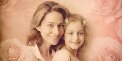 portrait de une souriant mère avec sa fille dans rose dans le studio. génératif ai photo