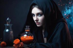 une sorcière, une magnifique fille dans une noir cap avec une capuche est en train de préparer une l'amour potion. génératif ai photo