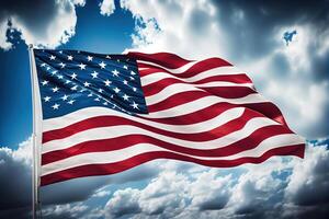 fermer coup de le américain drapeau agitant dans le air en dessous de une nuageux ciel. content la main d'oeuvre journée. génératif ai photo