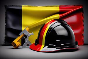 content la main d'oeuvre journée. construction outils et casque sur drapeau de Belgique. génératif ai photo