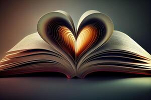 livre avec ouvert pages de forme de cœur. génératif ai photo
