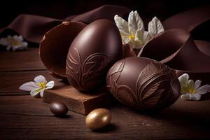 Chocolat Pâques des œufs rempli avec coloré bonbons. génératif ai photo