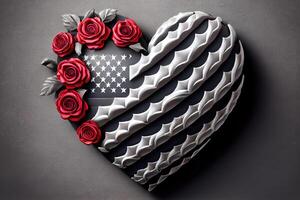 content la main d'oeuvre journée. cœur forme de des roses et Etats-Unis drapeau sur gris Contexte. génératif ai photo