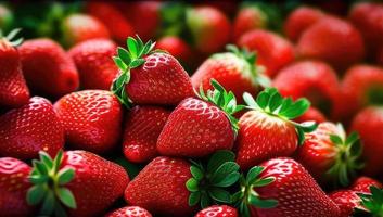 Contexte de rouge des fraises avec vert feuilles. ai génération photo