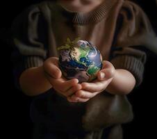 une peu garçon détient une lumineux planète Terre dans le sien mains. Terre journée. génératif ai contenu, photo
