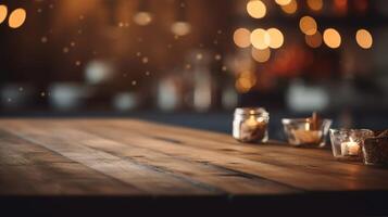 rustique élégance, produit vitrine sur en bois dessus de la table avec bokeh lumières. génératif ai photo