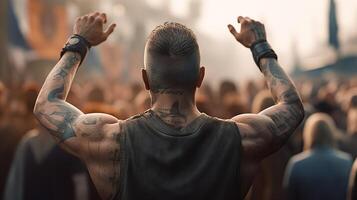 retour vue de une homme. le foule recueillies à manifestation. génératif ai photo