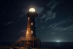 phare dans mer à étoilé nuit. la navigation pour navires. génératif ai photo