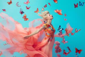 ai généré femme avec papillons, printemps concept photo