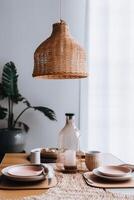 ai généré intérieur à manger pièce vue avec boho esthétique photo