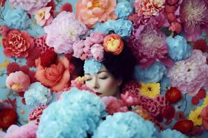 ai généré femme avec coloré fleurs, printemps concept photo