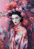 ai généré femme avec coloré fleurs, printemps concept photo