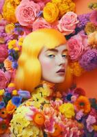 ai généré femme avec coloré fleurs, printemps concept photo