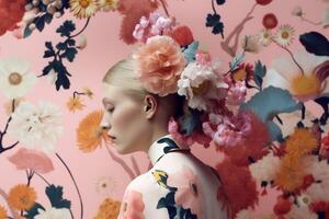 ai généré femme avec coloré fleurs, printemps concept photo