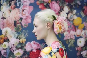 ai généré femme avec coloré fleurs, printemps concept photo