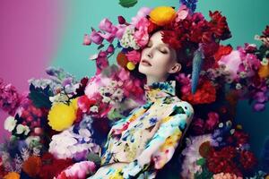 ai généré femme avec coloré fleurs, printemps concept photo