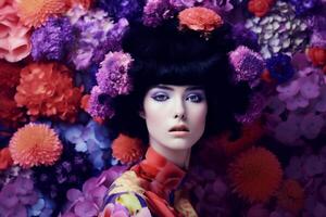 ai généré femme avec coloré fleurs, printemps concept photo