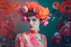 ai généré femme avec coloré fleurs, printemps concept photo