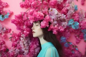 ai généré femme avec coloré fleurs, printemps concept photo