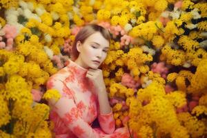 ai généré femme avec coloré fleurs, printemps concept photo