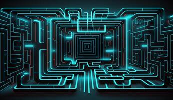 cyber circuit futuriste néon arrière-plan, motif Labyrinthe techno fond d'écran paysage ,génératif ai photo