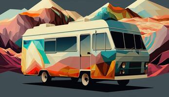 ai généré. ai génératif. faible poly dessin animé enfant style campeur RV van avec montagnes. pouvez être utilisé pour aventure inspiration ou décoration. graphique art photo