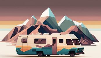 ai généré. ai génératif. faible poly dessin animé enfant style campeur RV van avec montagnes. pouvez être utilisé pour aventure inspiration ou décoration. graphique art photo