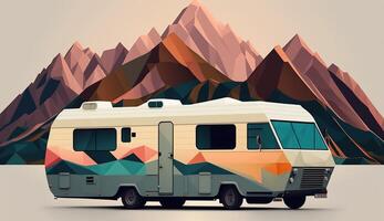 ai généré. ai génératif. faible poly dessin animé enfant style campeur RV van avec montagnes. pouvez être utilisé pour aventure inspiration ou décoration. graphique art photo