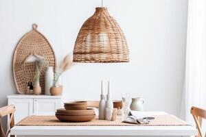 ai généré à l'intérieur boho style à manger pièce photo