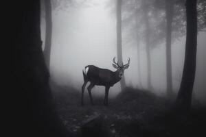 une cerf dans une brumeux forêt. ai généré photo