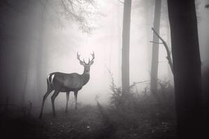 une cerf dans une brumeux forêt. ai généré photo