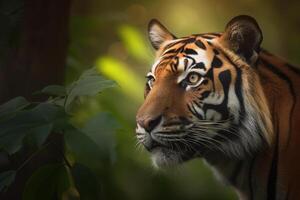 une proche en haut de une Bengale du tigre visage dans une forêt. ai généré photo