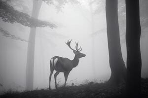 une cerf dans une brumeux forêt. ai généré photo