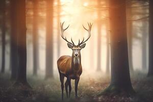 une majestueux cerf avec bois permanent fièrement dans le forêt à aube. ai généré photo