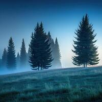 pin des arbres dans une hiver Matin. gel et une peu brouillard. génératif ai. photo