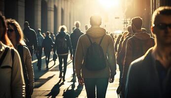 foule de anonyme gens en marchant sur le coucher du soleil dans le ville des rues, génératif ai photo