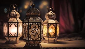 traditionnel arabe lanternes allumé en haut pour célébrer le saint mois de Ramadan, génératif ai photo