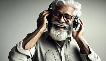 content Sénior Indien asiatique barbu homme souriant en utilisant écouteurs avec téléphone intelligent ou tablette contre blanc arrière-plan, en présentant écran ou dansant, génératif ai photo