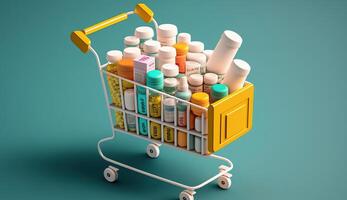 acheter et achats médicament concept. divers gélules, comprimés et médecine, génératif ai photo