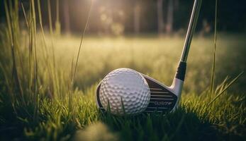 le golf club et Balle dans herbe, génératif ai photo