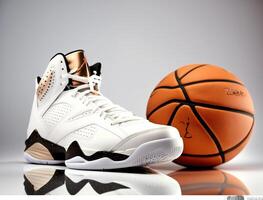 sport des chaussures et une basketball sur blanc Baground, commercial photo, génératif ai photo