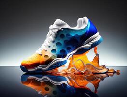 futuriste tennis chaussure concept, Orange et bleu, liquide former, génératif ai photo