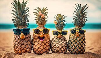 famille de marrant attrayant Ananas dans élégant des lunettes de soleil sur le le sable contre turquoise mer. tropical été vacances concept. content ensoleillé journée sur le plage de tropical île, génératif ai photo