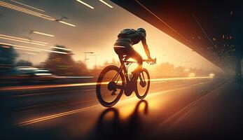mouvement de cycliste dans mouvement sur coucher de soleil, gens balade sur à vélo, génératif ai photo