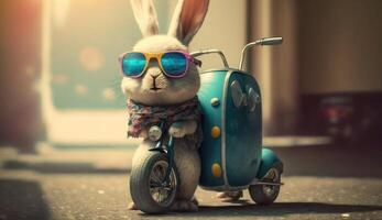 mignonne lapin avec des lunettes de soleil et une bleu valise dans le ville. ai généré photo