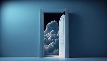 ouvert porte avec ciel et des nuages dans le foncé bleu chambre. 3d le rendu ai généré photo