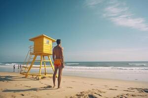 sauveteur sur le plage à la recherche à le mer. sécurité tandis que natation. génératif ai photo