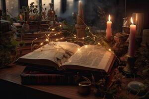 vieux la magie livre dans ancien chambre. fantaisie, la nature ou apprentissage concept. génératif ai photo